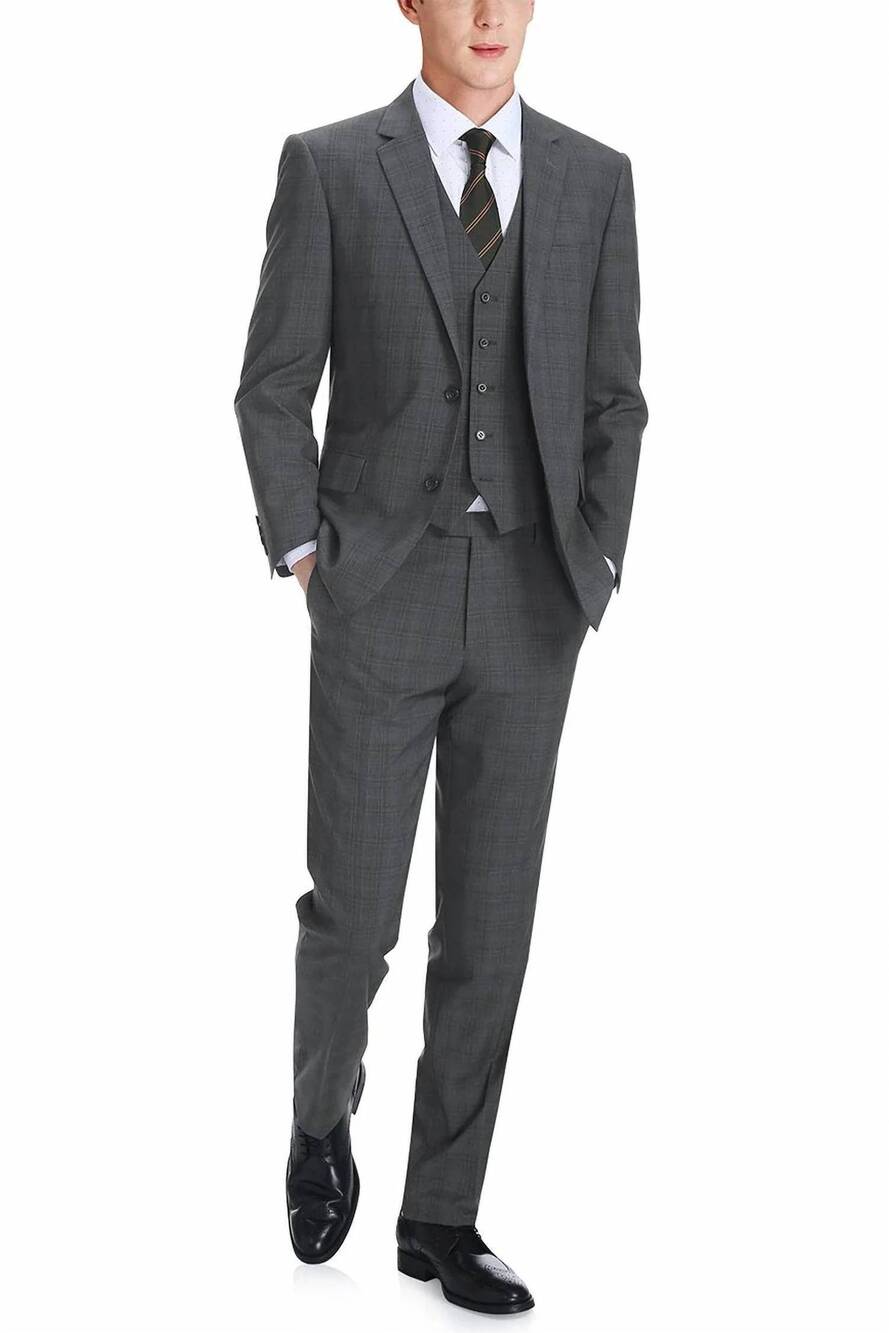 NEW RENOIR performance 3-piece classic fit suit set in grey windowpane check (